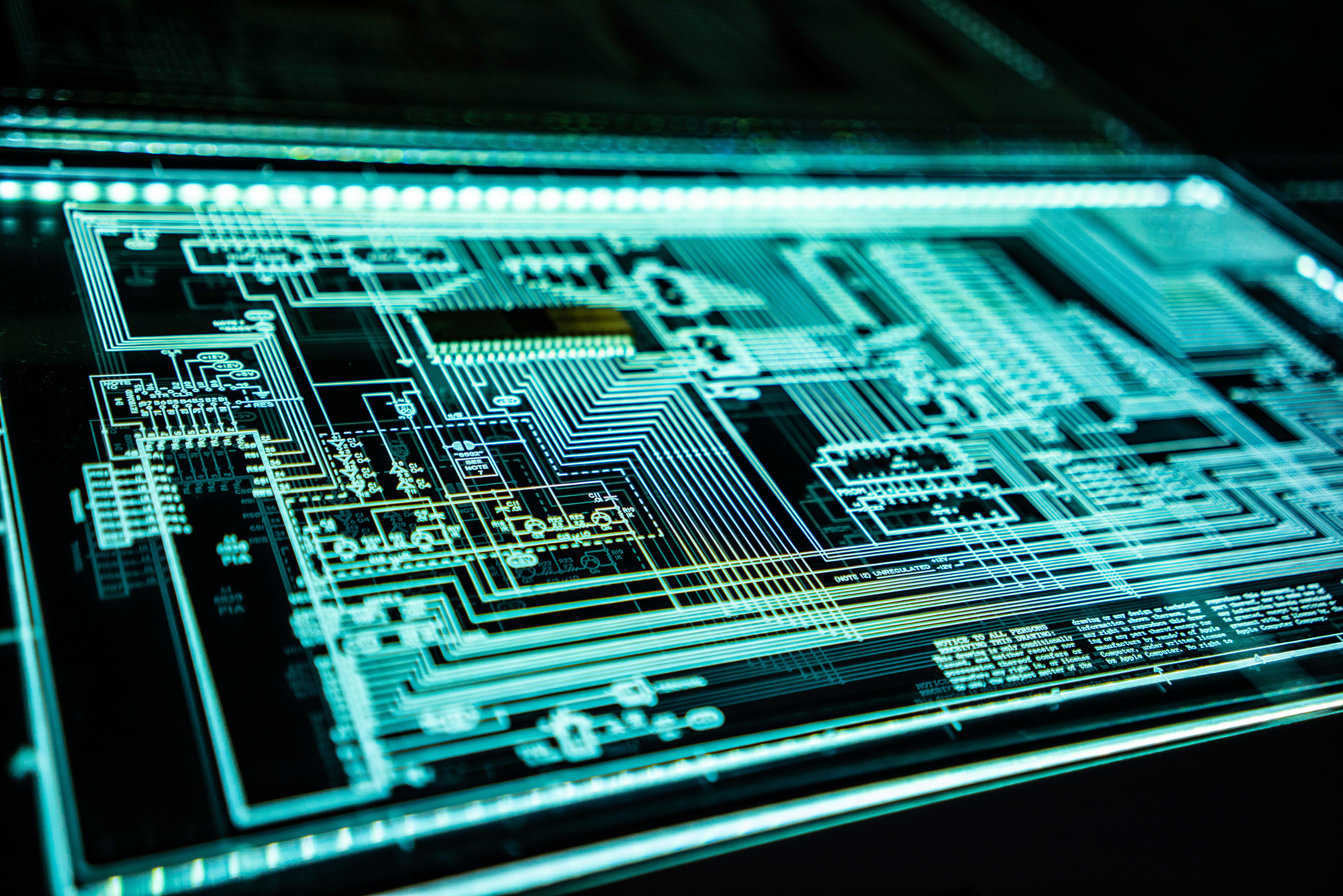 Rows of illuminated circuit wiring